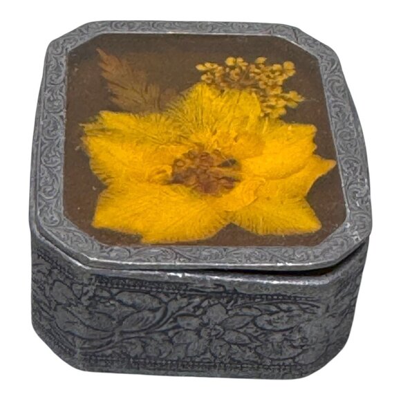 Vintage Floral Etched 2" Trinket Jewelry Ring Box Pressed Dried Flower Design - Picture 7 of 10